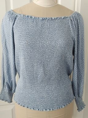 Venice One Light Blue Smocked Off-Shoulder Polka Dot Blouse